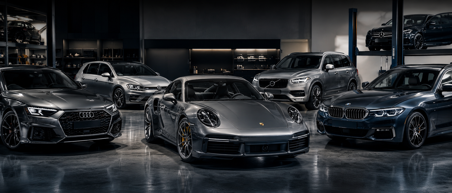 Audi Volkswagen Porsche Volvo BMW and Mercedes vehicles in a premium European workshop